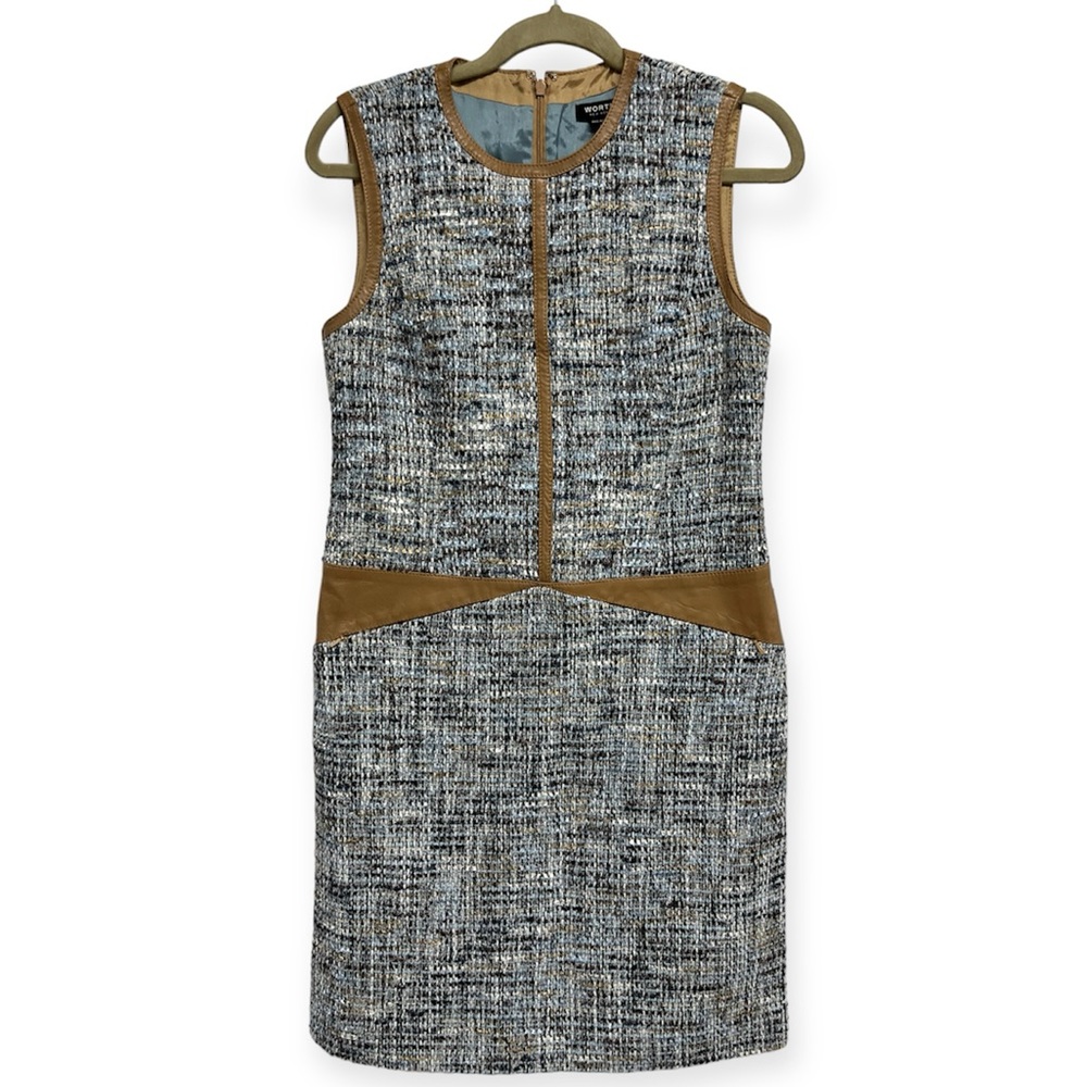 Worth New York Blue Tweed 100% Leather Trim Sheath Dress | Size 4